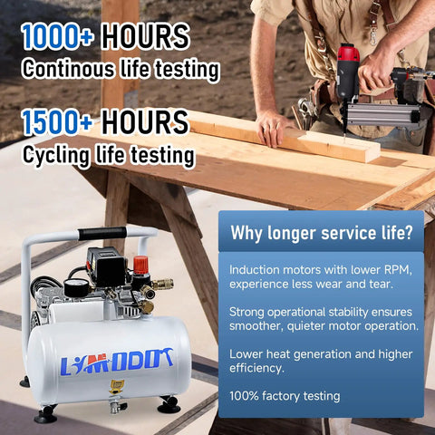 Ultra Quiet 60dB Oil Free Electric Air Compressor with 1 Gallon Steel Tank being used for woodworking with a brad nailer