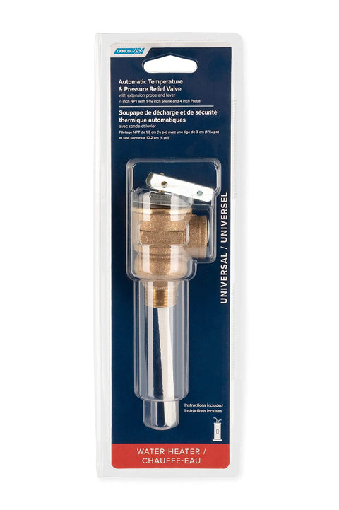 Front view of Camco 10423 1/2 in temperature and pressure relief valve with 4 in epoxy-coated probe, brown