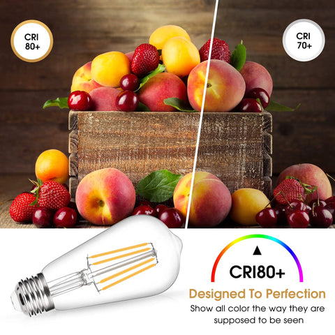 Old-School Edison Style LED Bulbs 7W Dimmable ST58 showing color accuracy with fruit, Warm White 2700K, E26 Base, Antique Look