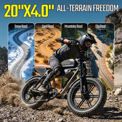 Rider on Beast Mode 1500W Peak Electric Fat Tire Bike For Adults, All Terrain 20x4.0, showcasing off-road capabilities