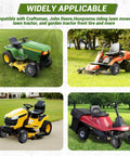 Four riding mowers including John Deere, Craftsman, Husqvarna with front lawn mower tire and wheel assembly for lawns and gardens