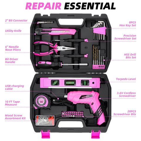 Lightweight Pink Cordless USB Electric Screwdriver Kit With 3.6V Drill Driver, 123-piece tool set displayed in case