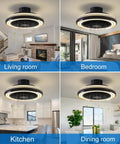 Low Profile Flush Mount Ceiling Fan With Lights, 19 Inch Bladeless Ceiling Fan, Remote Control, shown in various rooms