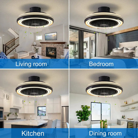 Low Profile Flush Mount Ceiling Fan With Lights, 19 Inch Bladeless Ceiling Fan, Remote Control, shown in various rooms