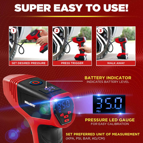Compact Tire Inflator With Pressure Gauge, Auto Shutoff At Your Set PSI, 150 Max, USB Rechargeable Home Power, Includes Car Cigarette Lighter Cord, Quick And Easy On-The-Go Inflation For Cars, SUVs, And Trucks, As Seen On TV, red portable air pump with LED display
