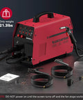 Close-up of red 6 In 1 Aluminum MIG Welder With 200A Output And 110V 220V Dual Power with cables and instructions on a dark surface.