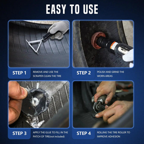 Pro Grade Tire Patch Repair Kit With Tungsten Steel Buffing Wheels And Patch Roller Includes 42mm And 55mm Scraping Cutter