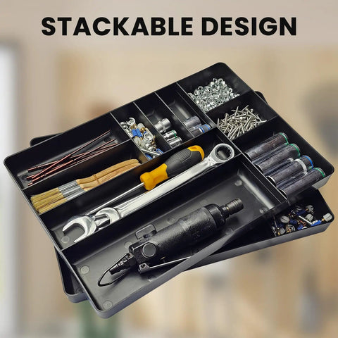 10 Compartment Tool Organizer Tray for Drawer and Tool Box, Stackable Small Parts Holder, loaded with tools and accessories