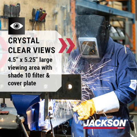Welder using Auto Darkening Welding Helmet With Durable Protective Face Shield, Fixed Shade 10, in workshop, sparks flying