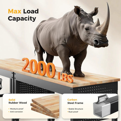 Beefy 96 Inch Adjustable Heavy Duty Workbench With 2000 Lb Load Capacity Rubber Wood Surface shown with a rhino on top
