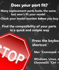 Compatibility check instructions and warning sign for replacement parts with a stop sign and text instructions.