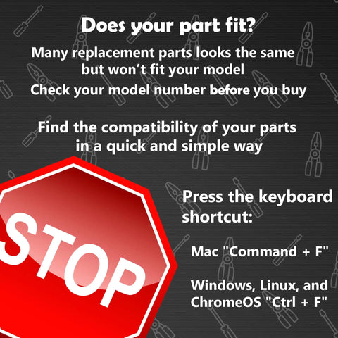 Compatibility check instructions and warning sign for replacement parts with a stop sign and text instructions.