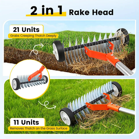 Wheeled Thatch Rake For Moss And Leaves, Adjustable Dethatching Roller With 0 To 12 Degree Angle, showing stainless steel blades.