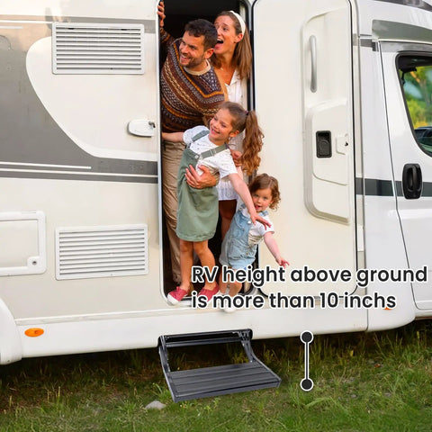 One Step Manual Foldable Step For Campers And Trailers, 1 Step Aluminum Alloy Retractable Stair With Thickened Steel Plate, Non Slip Surface, 440 Lbs Load Capacity, Black, Beefy Built For Campers And Travel Trailers mounted below RV door with family