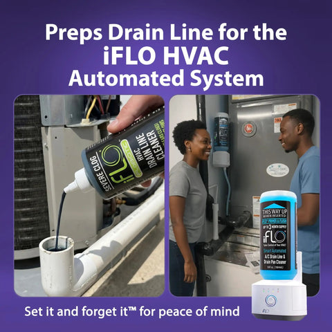 Severe Clog Relief AC Drain Line Cleaner 5X Concentrate being applied to HVAC system with enzyme technology in use.