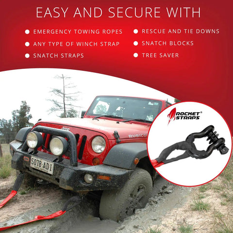 Built Tough 3/4 Inch D Ring Shackle Set on red Jeep with tow straps in muddy terrain
