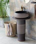 Ceramic Bathroom Sink Art Sink,Ceramics Floor-Standing Column 80 * 52Cm Outdoor Courtyard,Hand-Carved Creative Hotel Garden Retro Industrial,BasinSink (BasinSink+faucetcombo) in stylish bathroom setting.