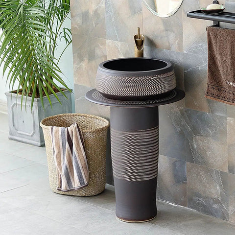 Ceramic Bathroom Sink Art Sink,Ceramics Floor-Standing Column 80 * 52Cm Outdoor Courtyard,Hand-Carved Creative Hotel Garden Retro Industrial,BasinSink (BasinSink+faucetcombo) in stylish bathroom setting.