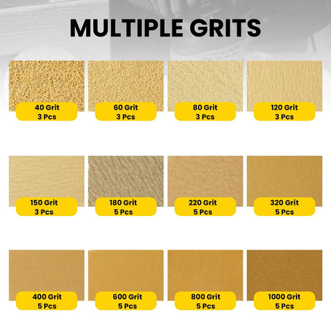 Top Tier 5 Inch Hook And Loop Sanding Discs With 40 To 1000 Grit Assorted Aluminum Oxide Pads arranged in a grid format.