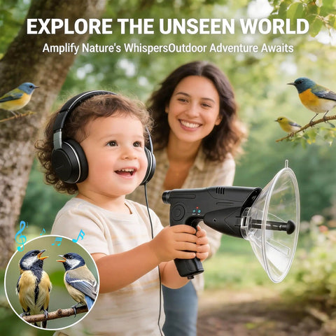 Child using Parabolic Listening Kit With Bionic Ear And 8x Monocular, Kid Friendly Hearing Gear With Headphones in backyard