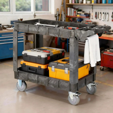 Bad Boy Heavy Duty Utility Cart, Two Tier Rolling Storage Rack With 550 Pound Capacity, Commercial Grade Polypropylene Build, Smooth Roll Swivel Wheels, Dark Gray Professional Shop Cart