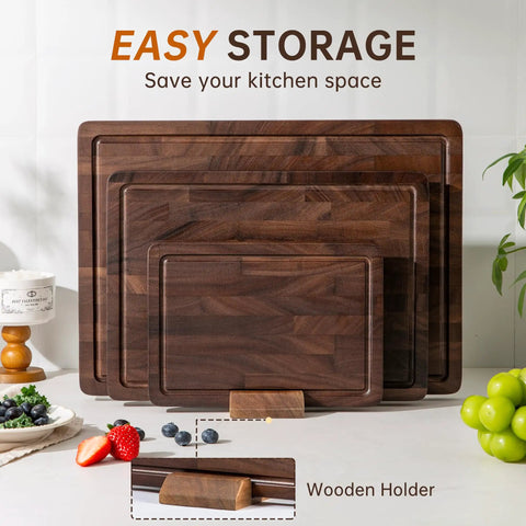 Heavy Duty End Grain Walnut Cutting Board Set Premium Wood Chopping Block For Kitchen Cooking Food Prep with storage holder.