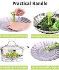 Vegetable Steamer Basket For Cooking Stainless Steel Folding Expandable Steaming Insert With Extendable Handle Fits Pots 5.1 To 9 Inches Non Rust Easy Clean Healthier Meals And Even Cooking showing practical handle use.
