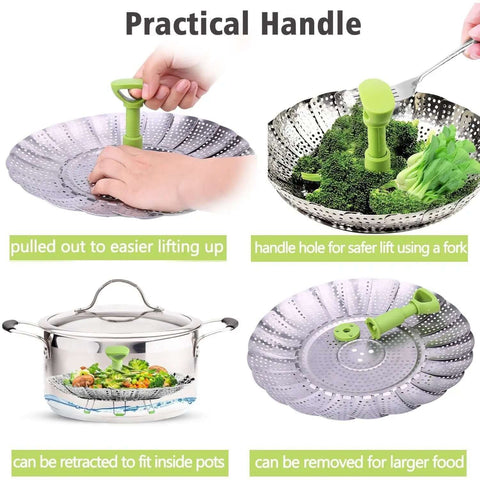 Vegetable Steamer Basket For Cooking Stainless Steel Folding Expandable Steaming Insert With Extendable Handle Fits Pots 5.1 To 9 Inches Non Rust Easy Clean Healthier Meals And Even Cooking showing practical handle use.