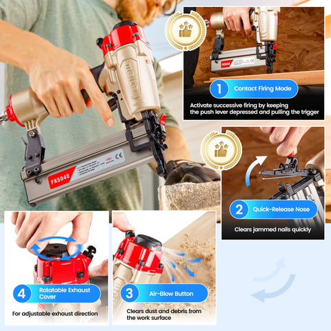Person using 18 Gauge 2 In 1 Pneumatic Nail Gun And Narrow Crown Staple Gun for upholstery with instructions