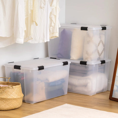 Knockout Three Pack Large Capacity Storage Bins With Weather Tight Gasket Lids And Super Heavy Duty Clear Plastic Build For Bulletproof Home Organization