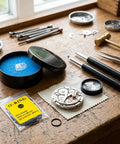Beefy Watch Repair Kit With O Ring Gaskets And Seals, Waterproof Oil, Pry Knife And Crescent Knife on a wooden table