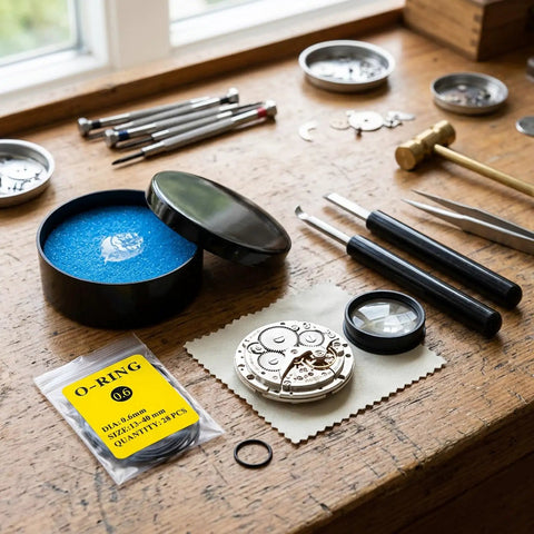 Beefy Watch Repair Kit With O Ring Gaskets And Seals, Waterproof Oil, Pry Knife And Crescent Knife on a wooden table