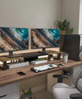 Heavy Duty Dual Monitor Stand Riser In Wood And Steel With Rustic Brown Finish, Multi Purpose Desktop Storage For Two Monitors