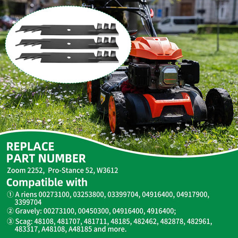 Mulching Mower Blades For 36 And 52 Inch Decks, 3 Pack, Replaces Scag 48108 481707 481711 48185, Fits Gravely Promaster 152Z, Compatible With Zoom 2252, 482878 482961 Replacement Blades For Lawn Mowers shown with a lawn mower on grass