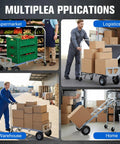 Versatile Heavy Duty Hand Truck With Reinforced Frame And Rust Proof Cargo Cart in four settings: supermarket, logistics, warehouse, home.