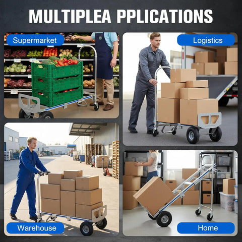 Versatile Heavy Duty Hand Truck With Reinforced Frame And Rust Proof Cargo Cart in four settings: supermarket, logistics, warehouse, home.