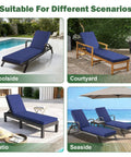 Outdoor Chaise Lounge Cushions Navy Blue Waterproof And Fade Resistant with Easy Care Removable Cover and Ties shown poolside, courtyard, patio, seaside.