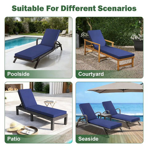 Outdoor Chaise Lounge Cushions Navy Blue Waterproof And Fade Resistant with Easy Care Removable Cover and Ties shown poolside, courtyard, patio, seaside.