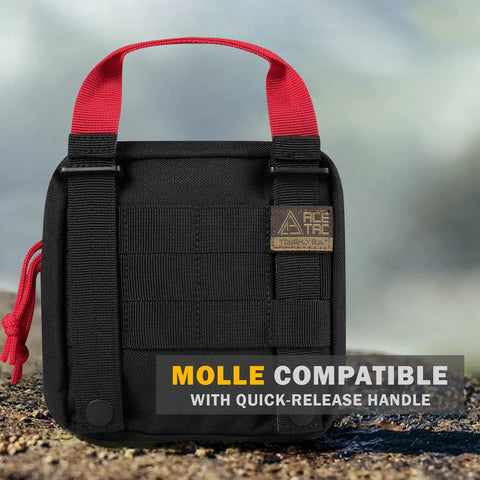 180 Piece Tactical EMT First Aid Kit in MOLLE Pouch with red handle, compact design for outdoor adventures