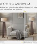 Walnut Birch Wood Floor Lamp With Natural Linen Drum Shade Three Way Dimmable Light For Bedroom And Living Room next to sofa