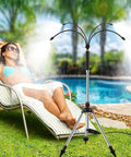 Outdoor Standing Misting System For Patio And Backyard Keeps It Cool With 4.1Ft Adjustable Height Triangular Tripod Base Four Flexible Spray Tubes Portable Water Cooling Mister For Patio Pool Camping And Deck