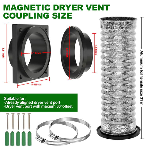 Magnetic Dryer Vent Connector Kit with 4-inch duct, clamps and coupling, dimensions shown, ideal for tight spaces install.