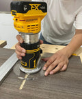 Legit 6 Inch Round Clear Acrylic Router Base Plate Upgrade Featuring Pre Drilled Alignment Holes For DWP611 DCW600B Compact Routers in use on wood.