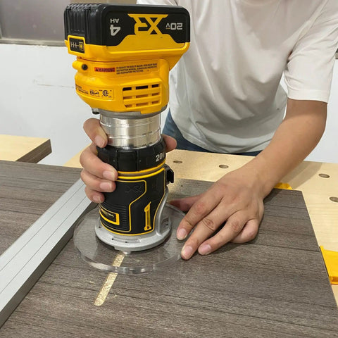 Legit 6 Inch Round Clear Acrylic Router Base Plate Upgrade Featuring Pre Drilled Alignment Holes For DWP611 DCW600B Compact Routers in use on wood.