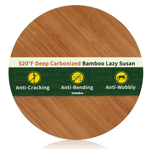 14 Inch Bamboo Lazy Susan Turntable Organizer For Kitchen Cabinets And Countertops, Deep Carbonized, with anti-cracking label.
