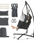 Hammock Chair With Stand For Indoor And Outdoor Use, Chill Egg Swing Chair With Patented Adjustable Pillow, Two Cushions, Side Pocket, Bag Included, 350 Lb Capacity, Dark Gray, shown with setup components and dimensions.