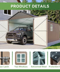 Beefy Heavy Duty Metal Storage Shed Outdoor Carport With Double Doors, Side Door And Windows, All Weather 12x20x9.3 Ft, car inside