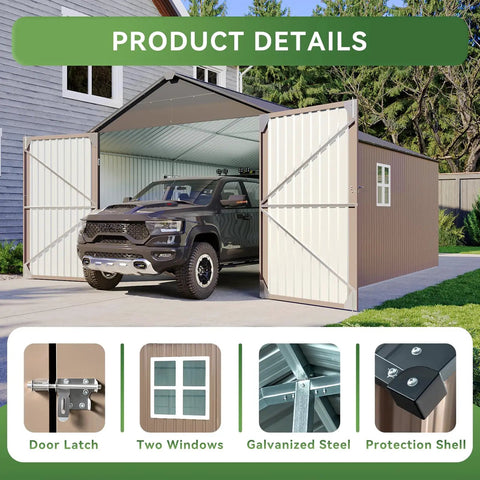 Beefy Heavy Duty Metal Storage Shed Outdoor Carport With Double Doors, Side Door And Windows, All Weather 12x20x9.3 Ft, car inside