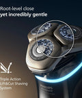 Ultra Prestige Wet And Dry Electric Shaver With SenseIQ Pro Technology Triple Lift And Cut System 360 Rotating NanoTech Precision Blades Beard Styler White Gold Finish close-up of shaving heads