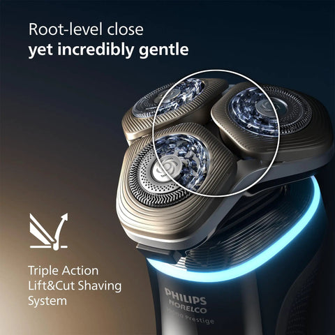 Ultra Prestige Wet And Dry Electric Shaver With SenseIQ Pro Technology Triple Lift And Cut System 360 Rotating NanoTech Precision Blades Beard Styler White Gold Finish close-up of shaving heads